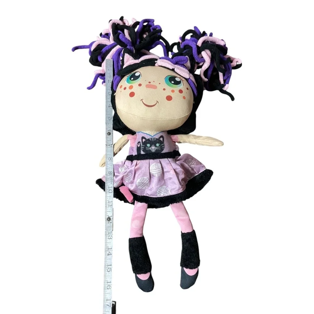 Cute Cloth Doll with Purple Yarn Hair Black Cat Dress & Freckles 17